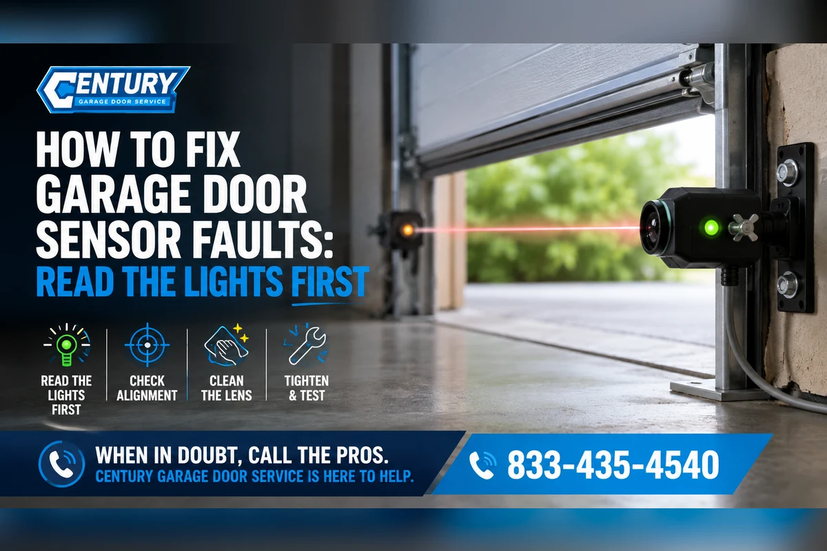 How to fix garage door sensor faults - read the indicator lights first, check alignment, clean the lens, tighten and test. Century Garage Door Service.