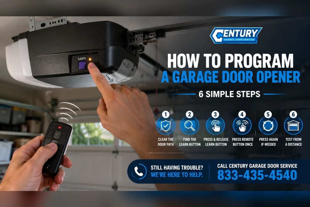 How to program a garage door opener in 6 simple steps - clear the door path, find the Learn button, press and release it, press the remote, then test from a distance. Century Garage Door Service.