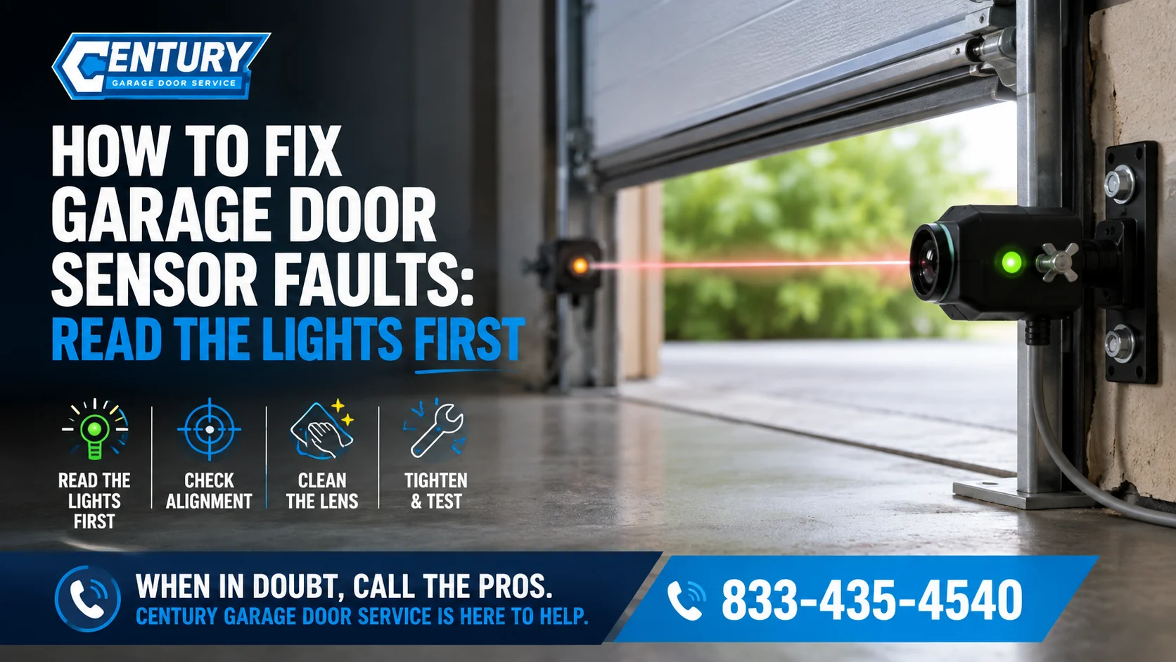 How to Fix Garage Door Sensor Faults: Read the Lights First 1 How to fix garage door sensor faults - read the indicator lights first, check alignment, clean the lens, tighten and test. Century Garage Door Service.